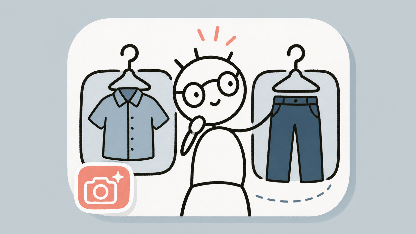 Illustration of a virtual wardrobe with outfit combinations and an AI-assisted try-on interface
