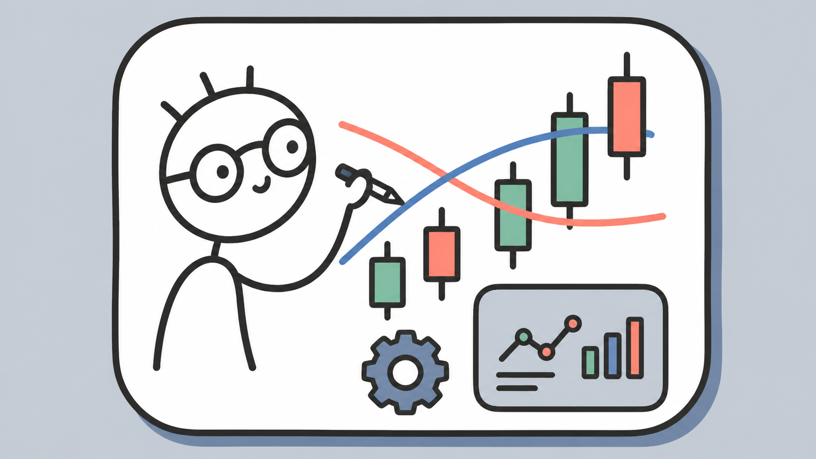 Illustration of a stock backtesting dashboard with candlestick charts and moving-average curves